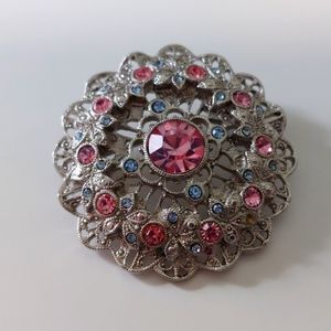 Vintage Pink & Blue SilverTone Filigree Brooch 1 1/4 Inch